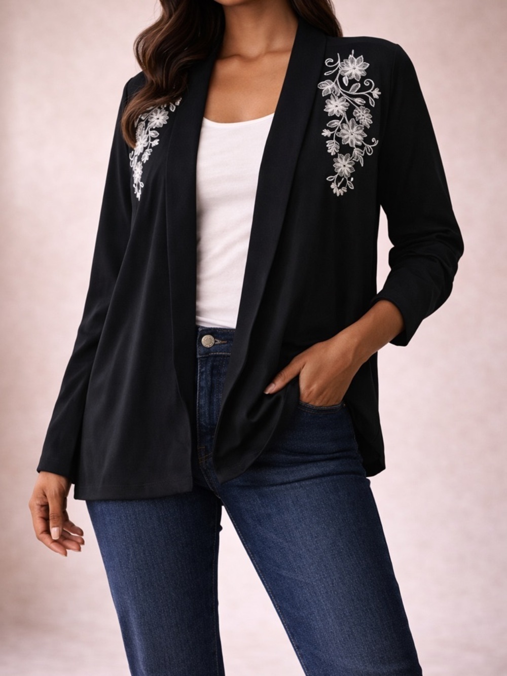 Croft & Barrow Embroidered Black Cardigan Blazer Floral Detail L